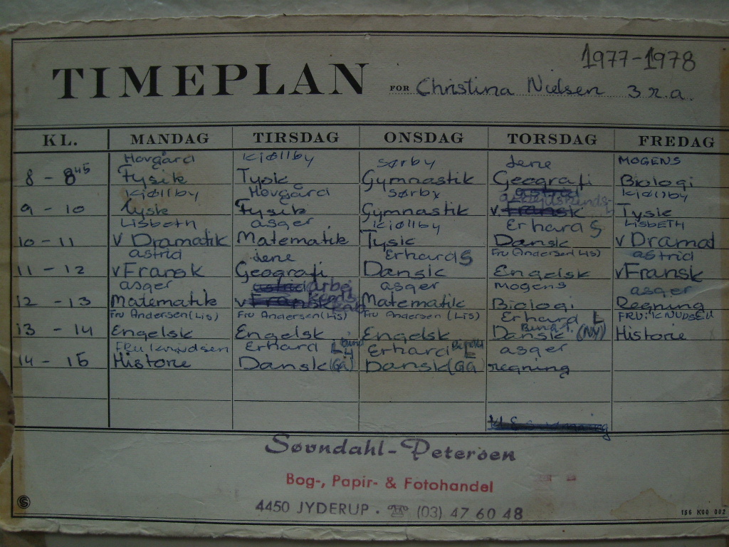 Skoleskema 1978 Jyderup Realskole